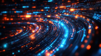 Abstract digital waves of blue and orange light particles.