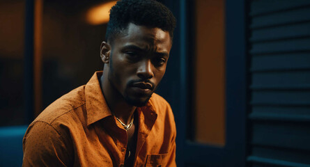 Calm Black male model in orange button up shirt on navy background