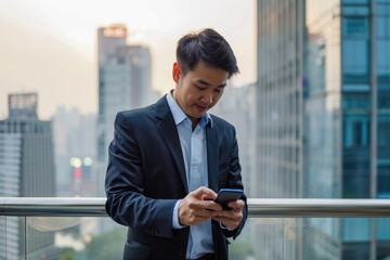 Man in suit making online purchase on smartphone, professional working on the go, city backdrop