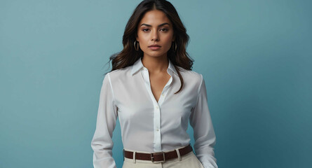 Calm Hispanic female model in white blouse and slacks on light blue background