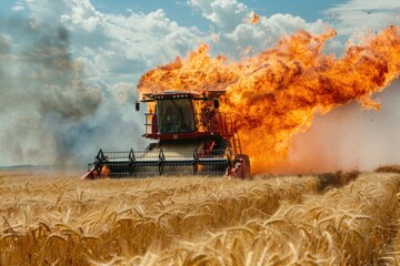 A combine harvester burns in a wheat field on a hot summer day