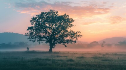 Obraz premium Serene Sunrise over a Misty Meadow with Silhouette of a Lone Tree