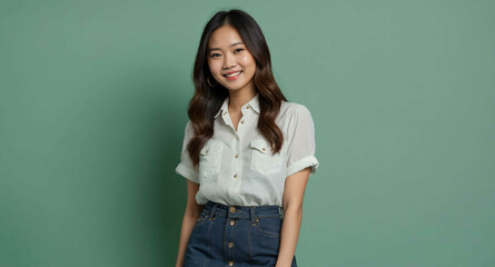 Cheerful Asian female model in white blouse and denim skirt on light green background