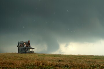Fototapeta premium A house in a field with a tornado in the background