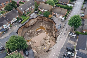 A large sinkhole opening up in a residential area, swallowing cars and parts of houses