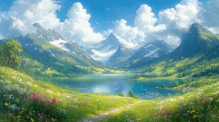 Fototapeta premium Mountain lake scenery with flowers. Perfect for travel, nature, and serenity themed projects.