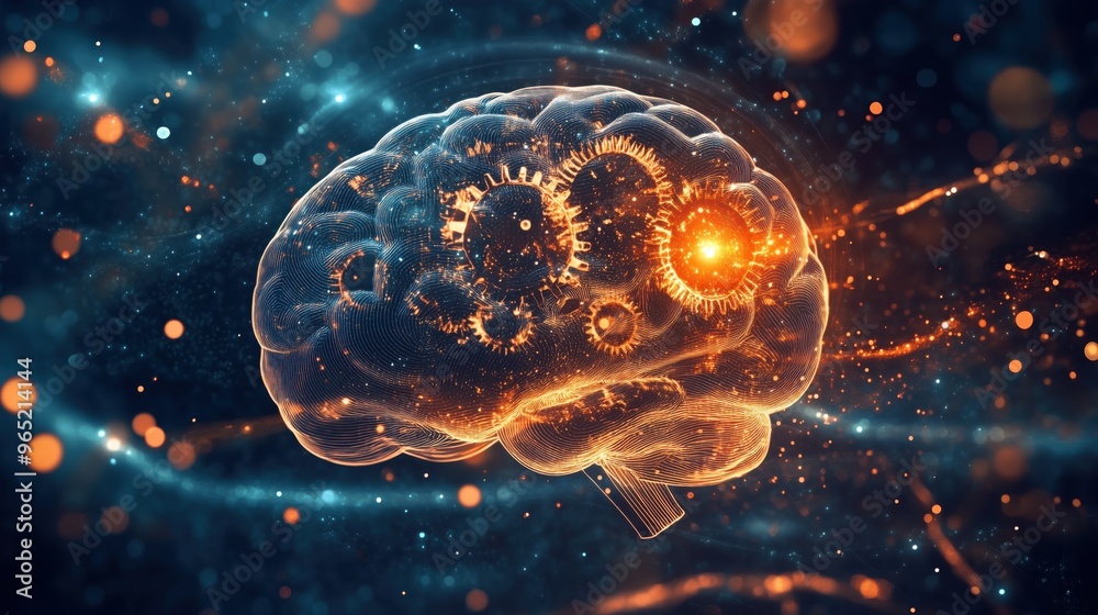 Poster a brain with gears and a light on it. the brain is surrounded by a blurry background. concept of com