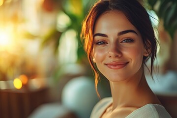 Obraz premium High-resolution brightly lit photorealistic photograph of a radiant presenter woman smiling gently in a luxurious massage spa. The image is styled like a high-end lifestyle magazine, with a bright,