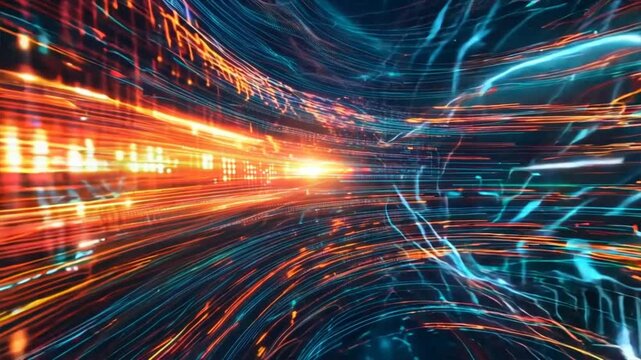 Abstract digital background with glowing data streams and binary code particles. Perfect for technology and futuristic concepts.