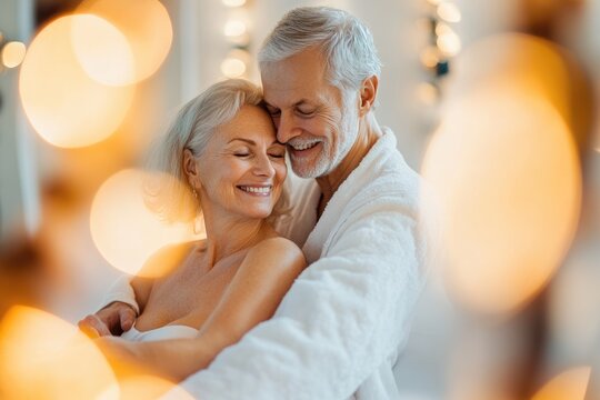 High-resolution brightly lit photorealistic photograph of a joyful senior couple in a luxurious spa, sharing a moment of relaxation during a massage. The image, with its light, bright atmosphere, is
