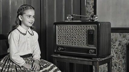 Vintage Black-and-White Image of a Girl with an Old Radio