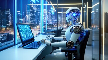 Ultra-high resolution photo of a humanoid robot working in a sleek office with blue LED lighting and transparent glass walls. The robot is at a desk with a keyboard and monitor, with a cityscape view.