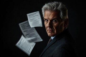 Fototapeta premium A sophisticated close-up of an experienced executive in their 60s, dressed in an elegant suit, with polished resumes in motion, set against a dark solid background, looking confidently at the camera.