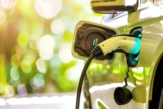 electric car recharging battery at the station, Eco-Friendly for environment and natural, electric charging station