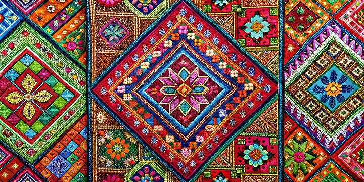Vibrant Hmong paj ntaub patterns weave together a tapestry of geometric and floral designs, a dazzling display of