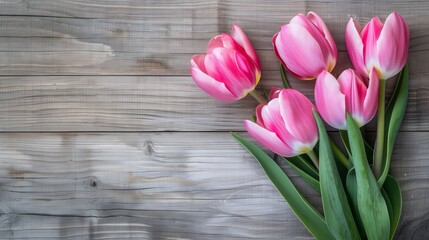 Beautiful Pink Tulips on Rustic Wooden Background, Perfect for Spring Floral Decor and Greeting Card Designs