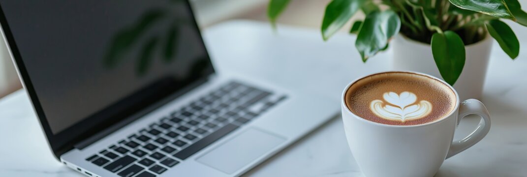 A workspace scene featuring a laptop, a cup with latte art, and a green plant, creating a cozy and inviting environment.