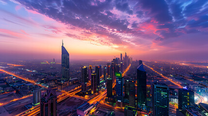 Fototapeta premium Riyadh City Skyline at Dusk with Dazzling Lights and Modern Architecture, A Stunning Urban Panorama