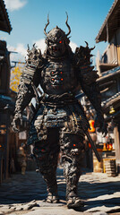 Fototapeta premium A samurai wearing menacing armor made from oni material, with a helmet, walking through an Edo period town during bright daylight