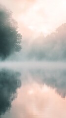 Misty forest at dawn with serene lake reflection, tranquil nature and calmness concept