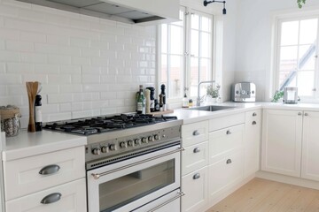 Fototapeta premium Minimal white kitchen with cozy features and stylish appliances