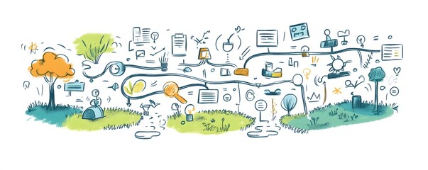 Hand-drawn illustration of a conceptual path with trees, light bulbs, and other abstract symbols
