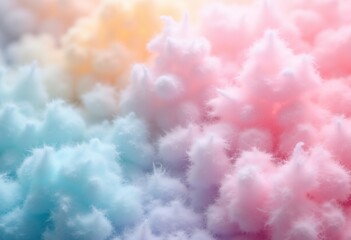 Fluffy eco fur background in pink blue and light orange gradient colors. Cotton candy wool abstract texture