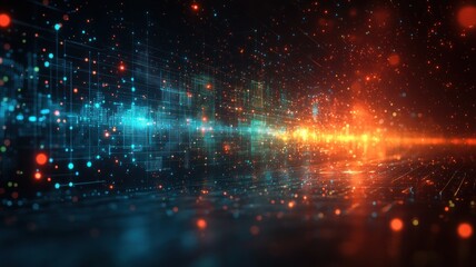 Abstract digital landscape with glowing lines and particles.