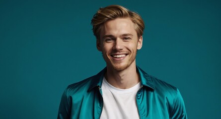 Fototapeta premium Joyful White male model in blue jacket and white shirt on teal background