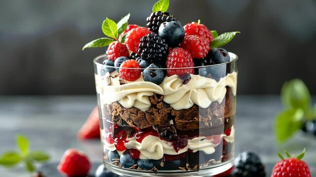 Delicious layered dessert with berries and chocolate in a glass bowl