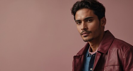 Obraz premium Relaxed Hispanic male model in dark red jacket on pale pink background