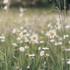 A delicate chain of daisies carefully woven together, lying in a sunlit meadow filled with soft green grass and more wildflowers in the background. 