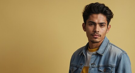 Obraz premium Relaxed Hispanic male model in denim jacket on pastel yellow background