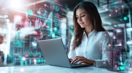 Very realistic and photographic photo of a young professional woman marketer analyzing market trends with a laptop, surrounded by a futuristic holographic display focused on business innovation. The