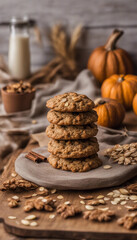 A stack of oatmeal cookies on a round gray plate, with scattered oats and almond slices around it. In the background, there are pumpkins and a glass of milk, all set against a wooden backdrop with war