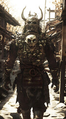 Fototapeta premium A samurai wearing menacing armor made from oni material, with a helmet, walking through an Edo period town during bright daylight