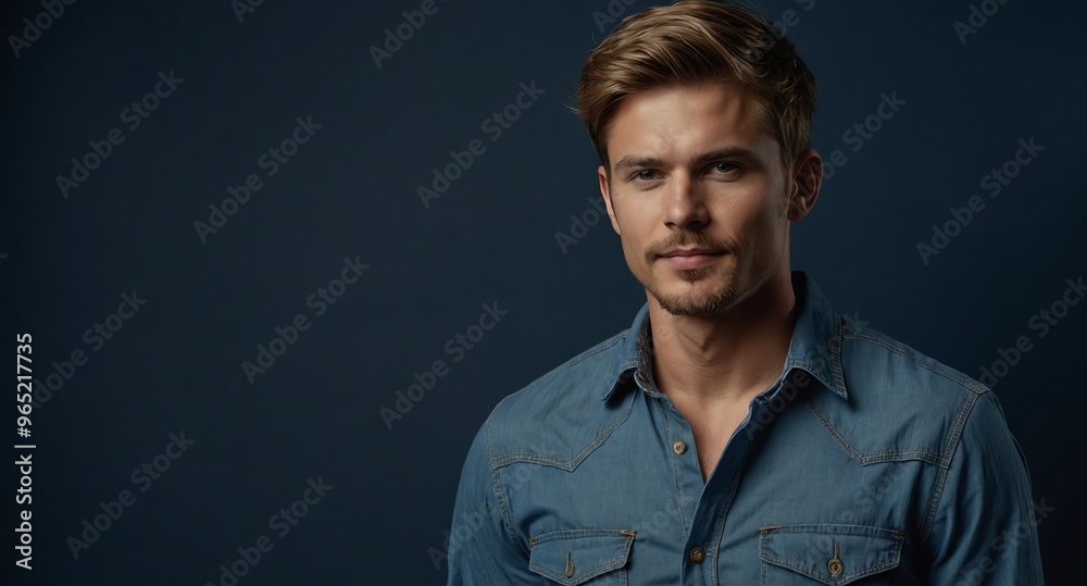 Poster Relaxed White male model in denim shirt and khakis on navy blue background