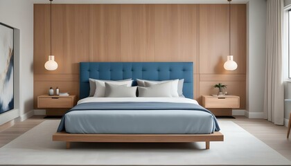 A modern and stylish bedroom with a large blue upholstered bed frame, wooden nightstands, and wall-mounted lamps.