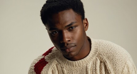 Obraz premium Serene Black male model in cream cable knit sweater on ivory background