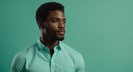 Fototapeta premium Serene Black male model in light blue shirt on mint green background