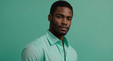Obraz premium Serene Black male model in light blue shirt on mint green background