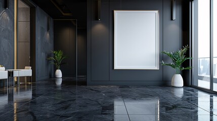 High-resolution photo of a frame mockup in a sleek dark home interior, highlighting minimalist design elements. With copy space for text