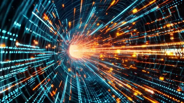 Abstract image of a glowing data tunnel with dynamic lines and particles. Technological visualization representing network, speed, and connectivity.