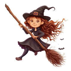 Cute little witch girl with a broom, watercolor illustration, png