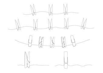 Clothesline with pins, one continuous line drawing. Laundry, clothespin doodle illustrations set