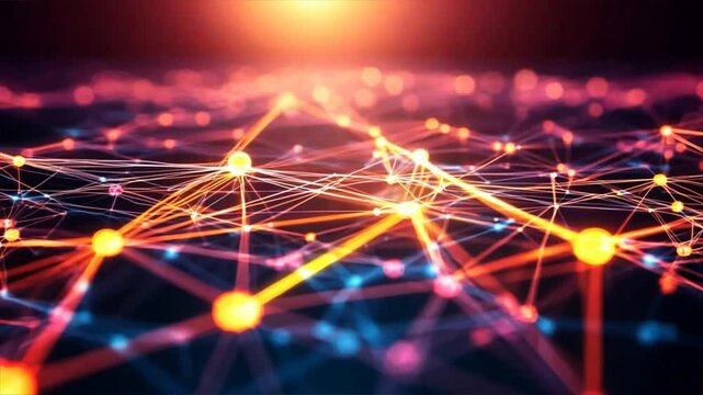 Abstract network of glowing connections under a warm sunset. Futuristic digital communication concept with interconnected points.