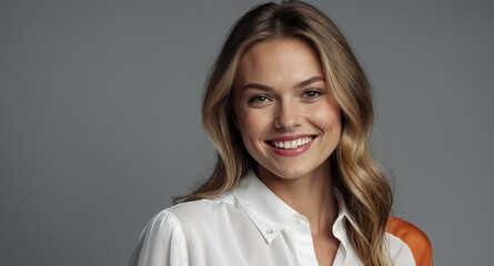 Smiling White female model in white button up blouse on light gray background