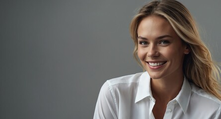 Smiling White female model in white button up blouse on light gray background