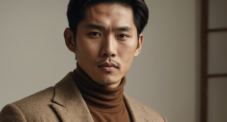 Fototapeta premium Stylish Asian male model in light brown turtleneck on ivory background