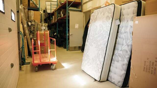 Man loads a new mattress onto a dolly in a warehouse full of shelves and furniture